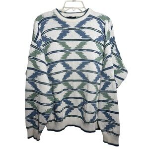 Vintage Geometric Crewneck Sweater Size Large White Blue Green Jack Nicklaus
